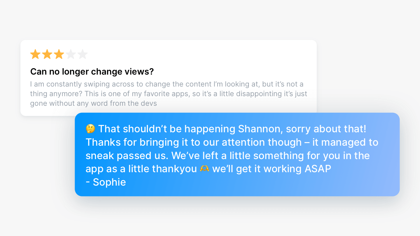 Screenshot of review reply with apology and gesture 